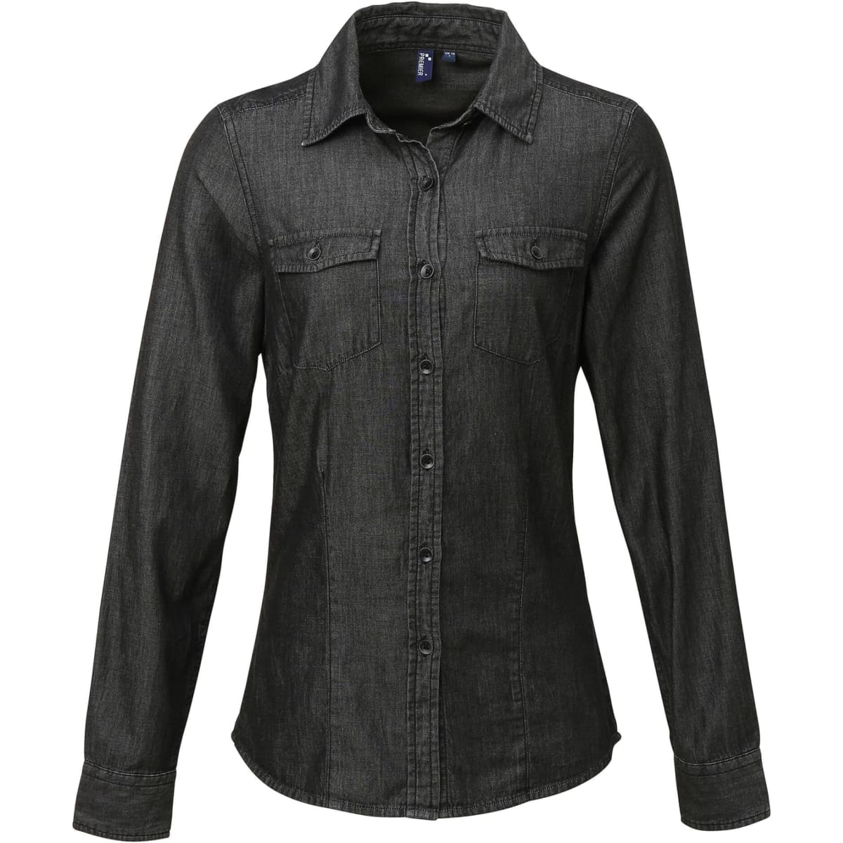A women's button-up shirt in dark denim with long sleeves and two chest pockets. Features branding on the label.