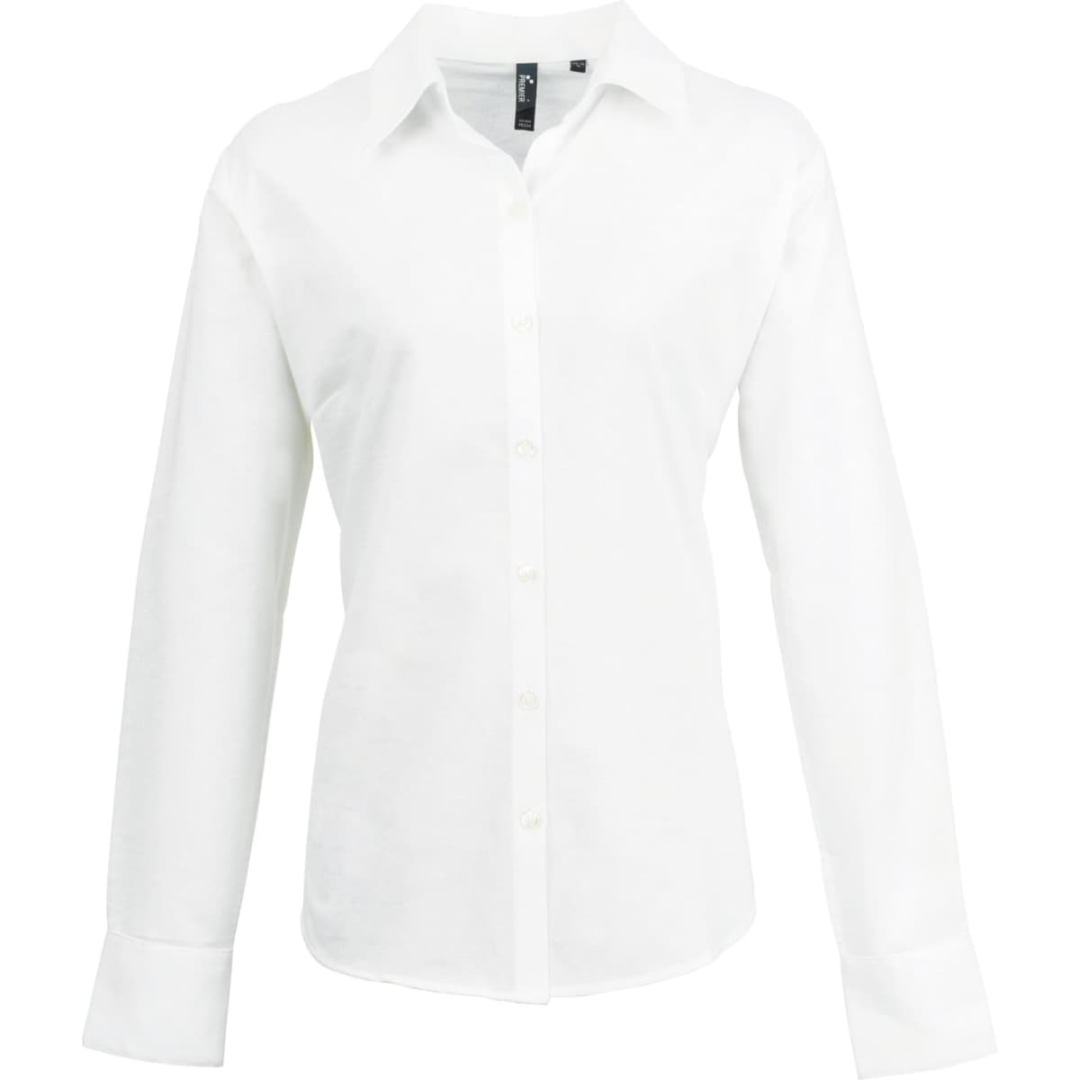 A white women's button-up shirt with long sleeves and a classic collar, featuring a logo.