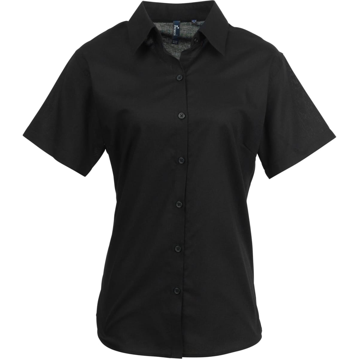 A black women's short-sleeve button-up shirt with a collar and a logo.