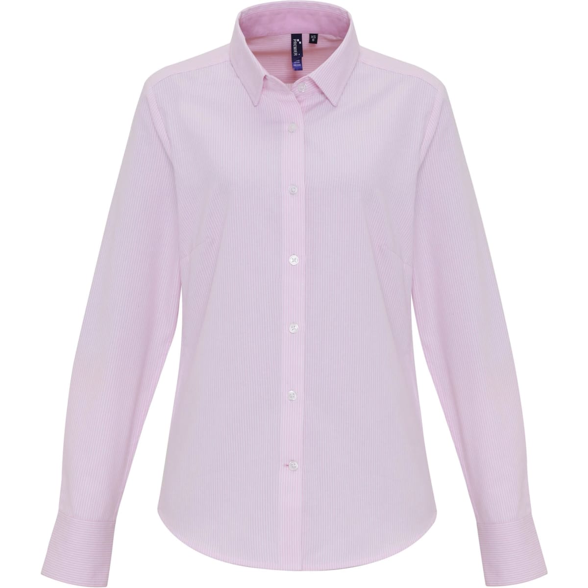 A light pink women's cotton-rich button-up shirt with a classic collar and long sleeves. It features a logo.