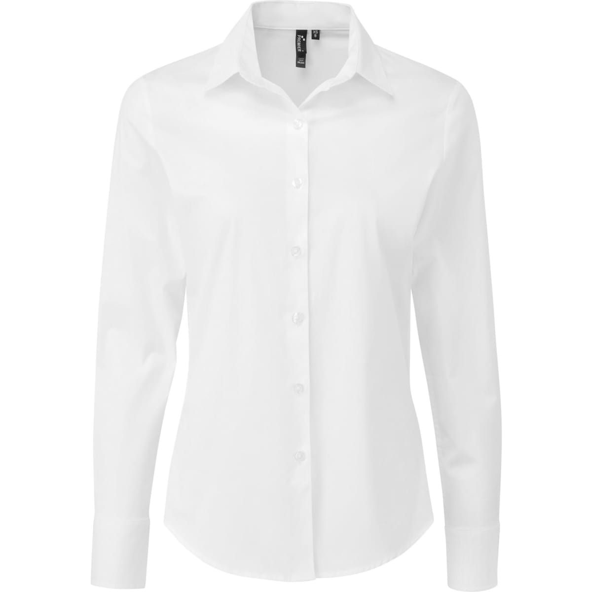 A white long-sleeve button-up blouse made of stretch-fit cotton poplin, featuring a collar and a logo.