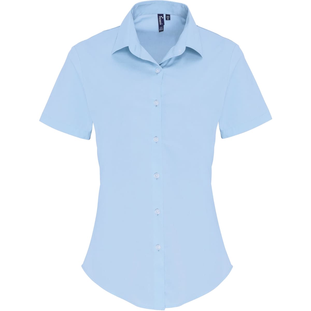 A light blue women's stretch fit cotton poplin short-sleeve blouse with a button-up front and a collar.