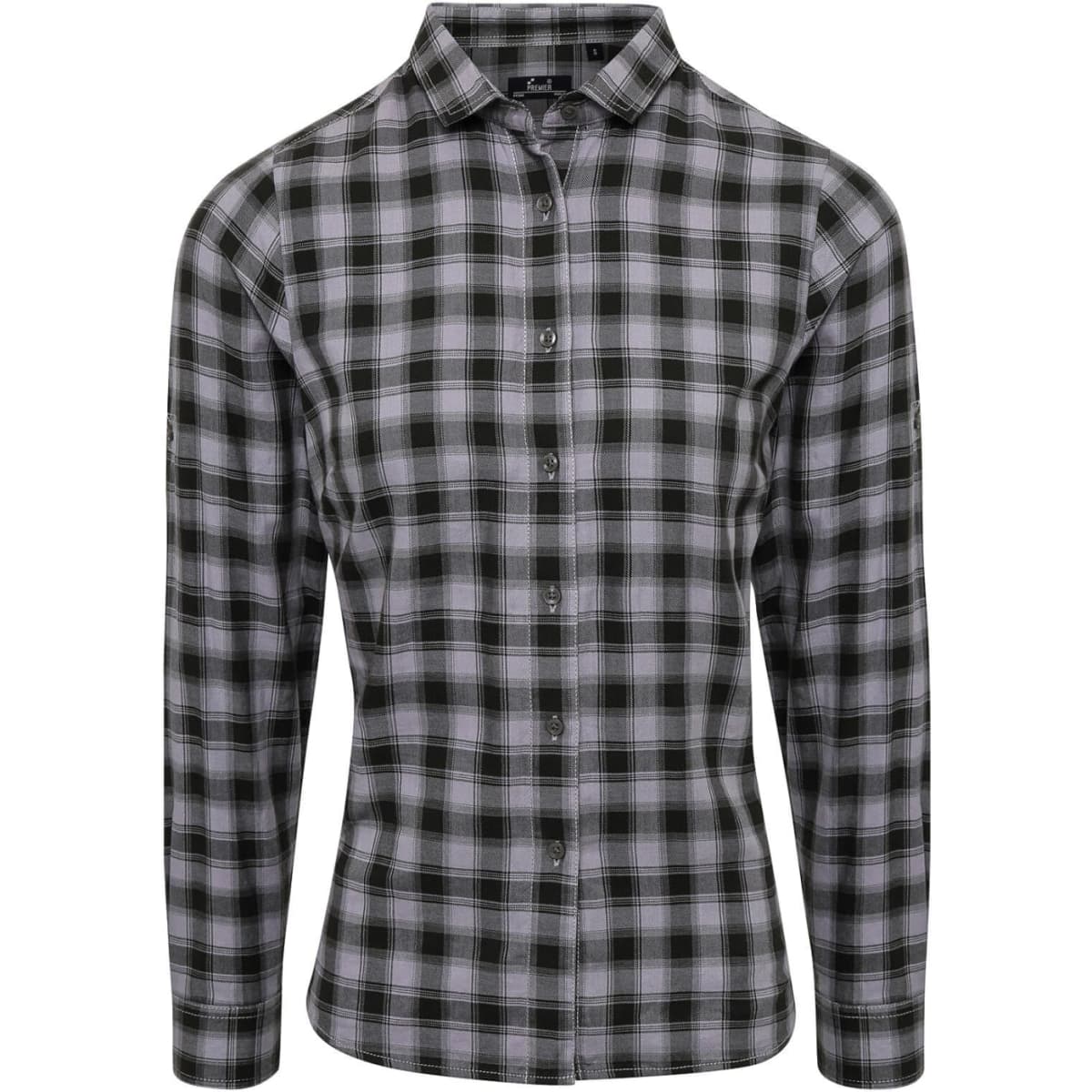 A button-up shirt in black and grey check pattern, featuring long sleeves and a collar. It has a logo.