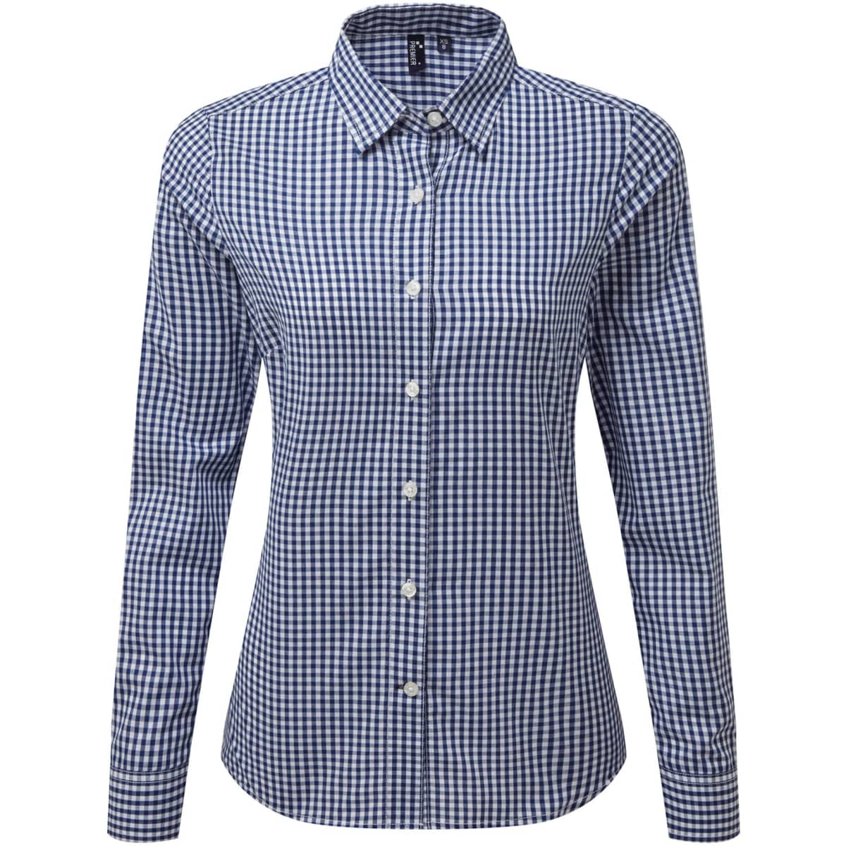 A women's button-up shirt in navy and white check pattern with long sleeves and a collar. It features a logo.