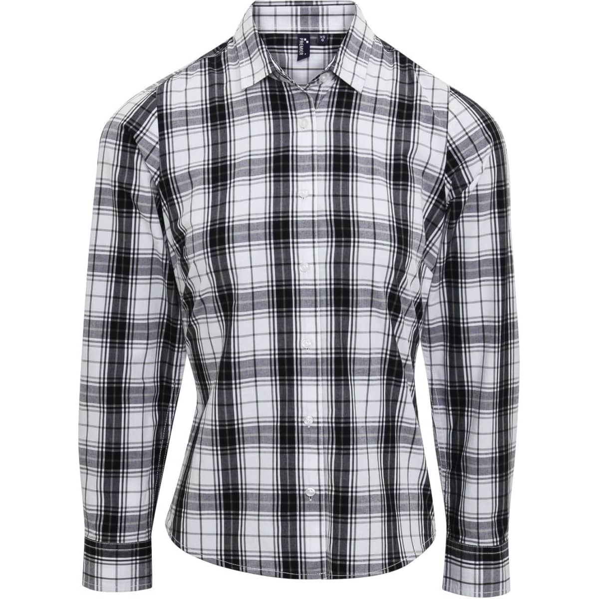 A women's long-sleeve button-up shirt in a black and white check pattern, featuring a logo on the chest.