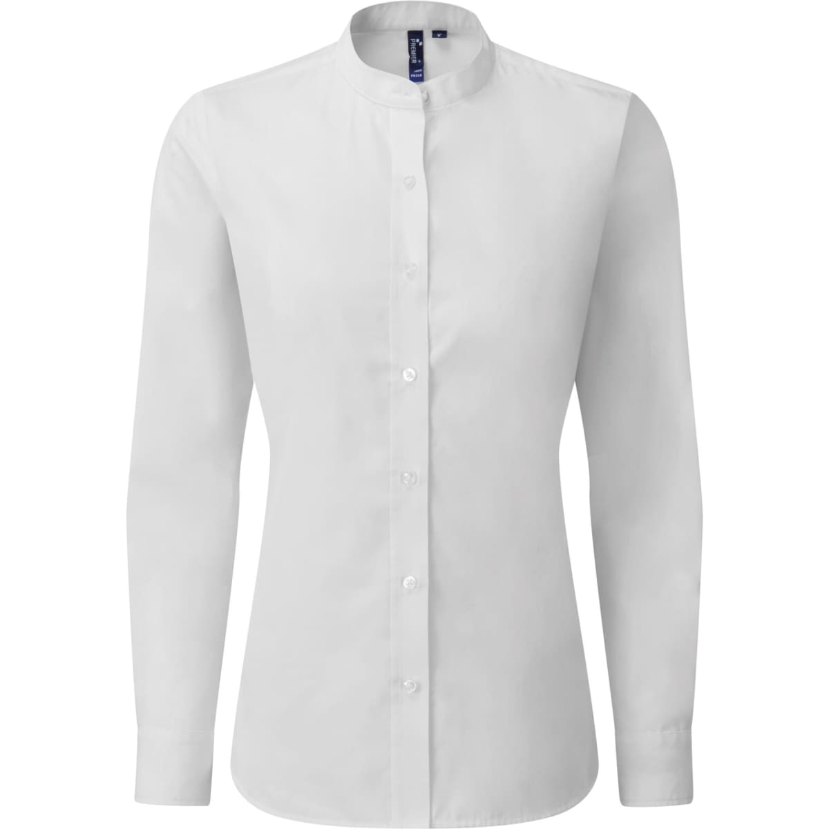 A white women's banded collar grandad shirt with long sleeves and a button-up front. It features a logo.