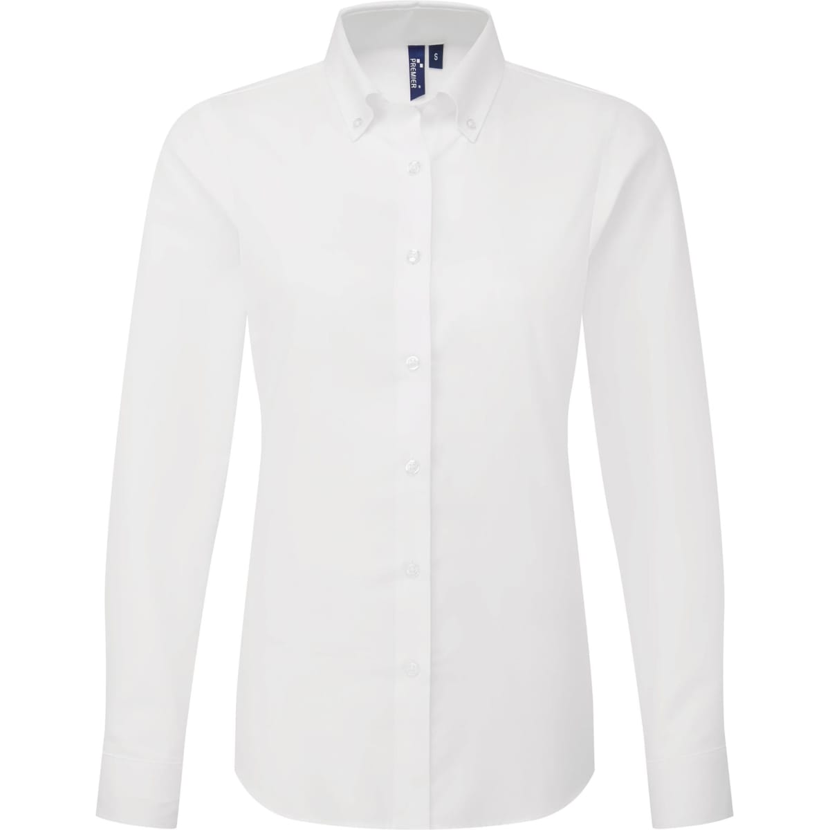 A white long-sleeve women's shirt featuring a button-up design and a collar, with a logo on the label.
