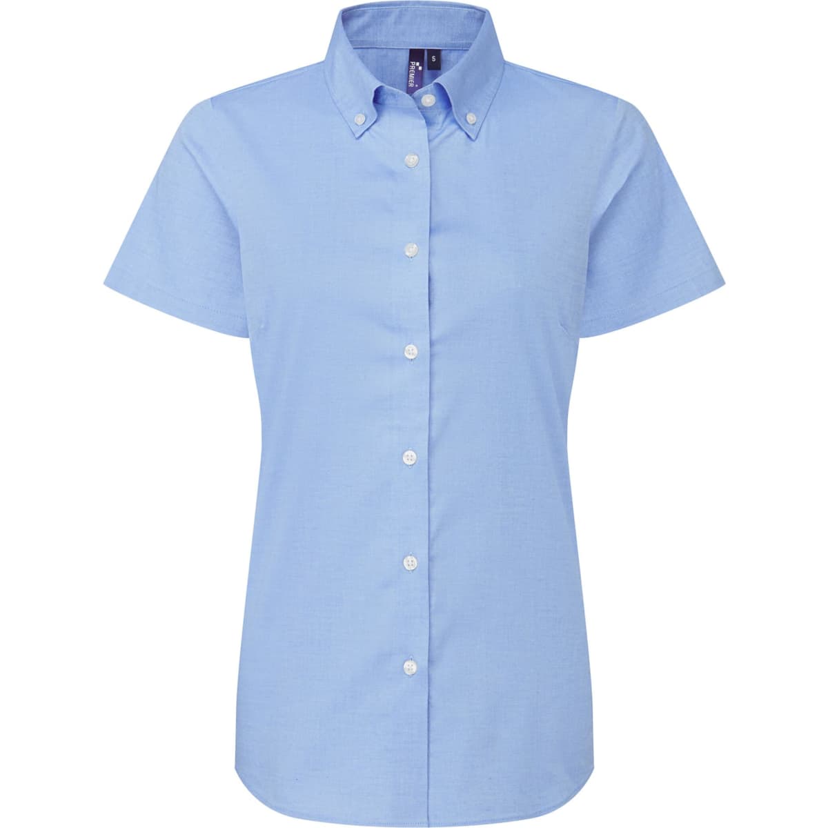 A short-sleeved, button-up women's shirt in light blue with a collar and branding.