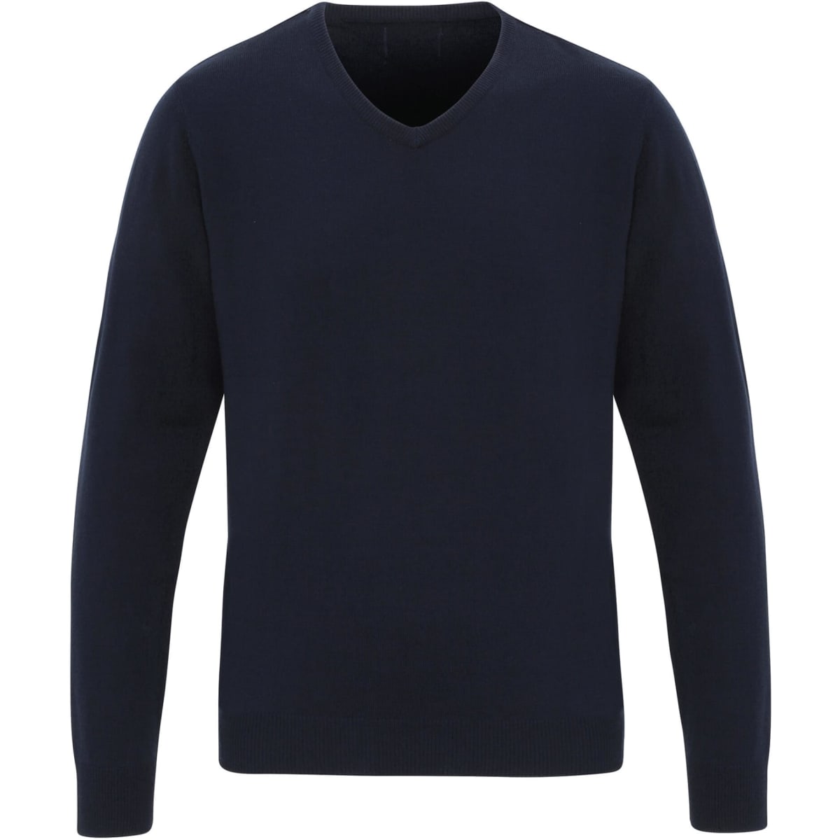 A navy v-neck sweater with long sleeves and no visible branding.