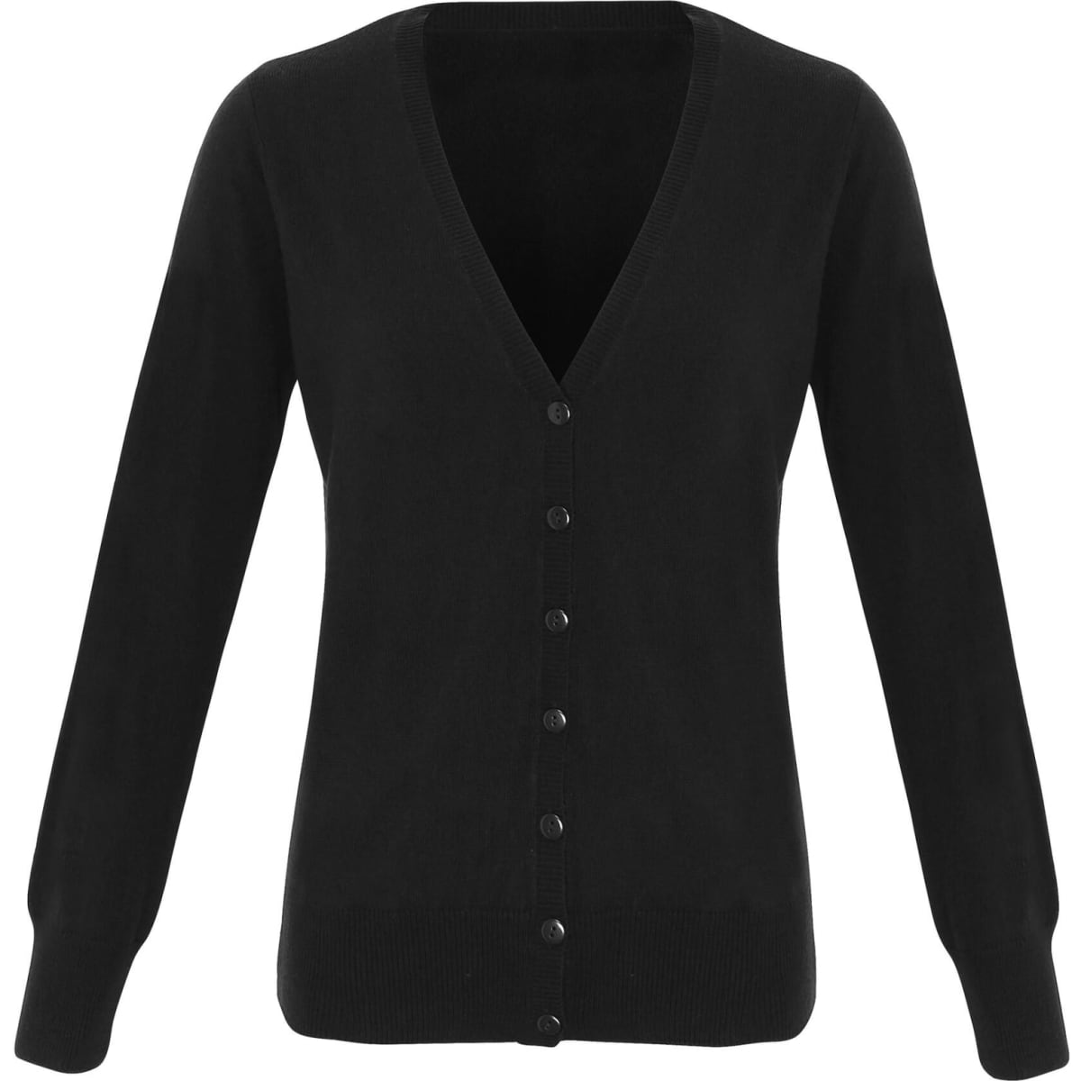 A black women's essential cardigan with a V-neck and button-down front, featuring long sleeves.