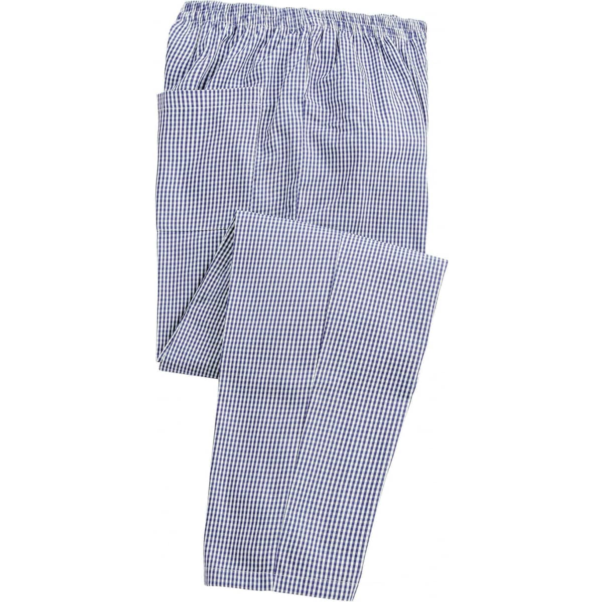 Pull-on chef's trousers in a checked pattern featuring an elastic waistband and side pockets.