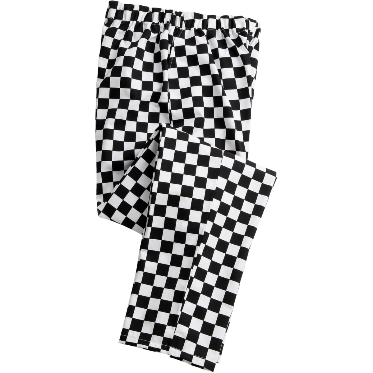 Black and white checkered chef's trousers with an elastic waistband, featuring a classic, bold pattern.