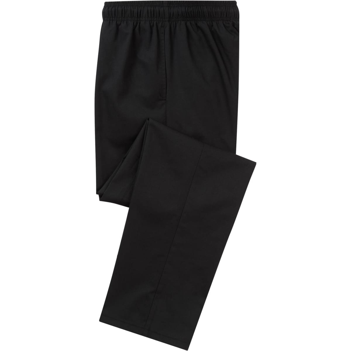 A pair of black cargo trousers with an elastic waistband, featuring multiple pockets and a logo.