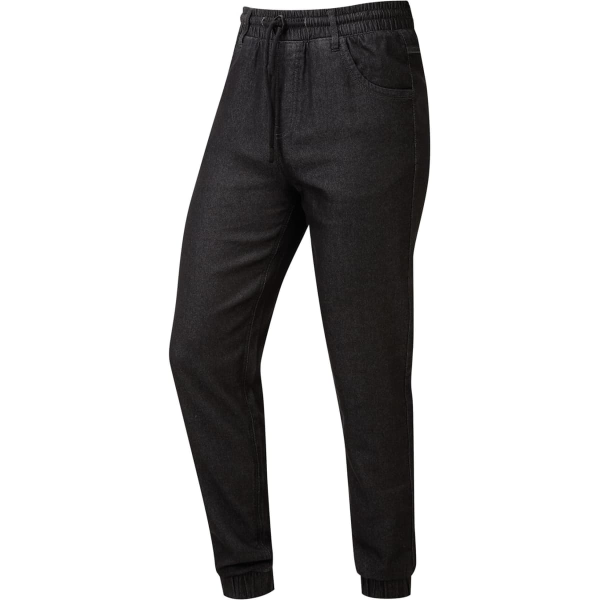 Black jogger-style pants with an elastic waistband and pocket, suitable for chefs. Features a logo on the waistband.