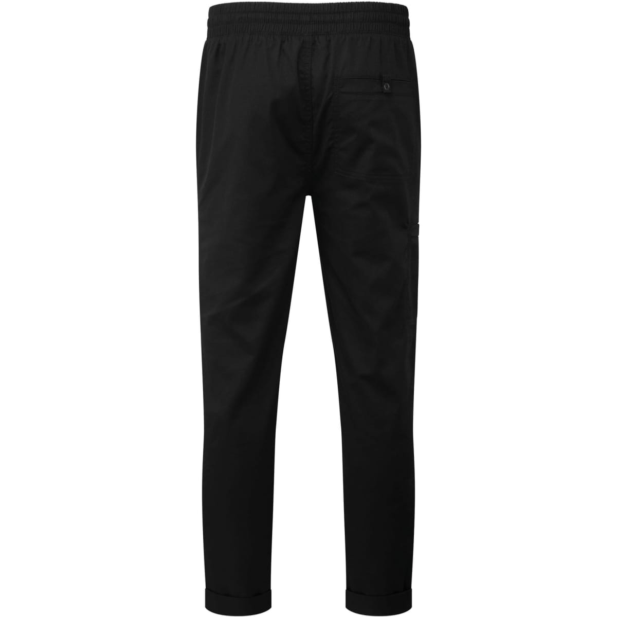 A pair of black cargo trousers with an elastic waistband and side pockets, featuring a logo.