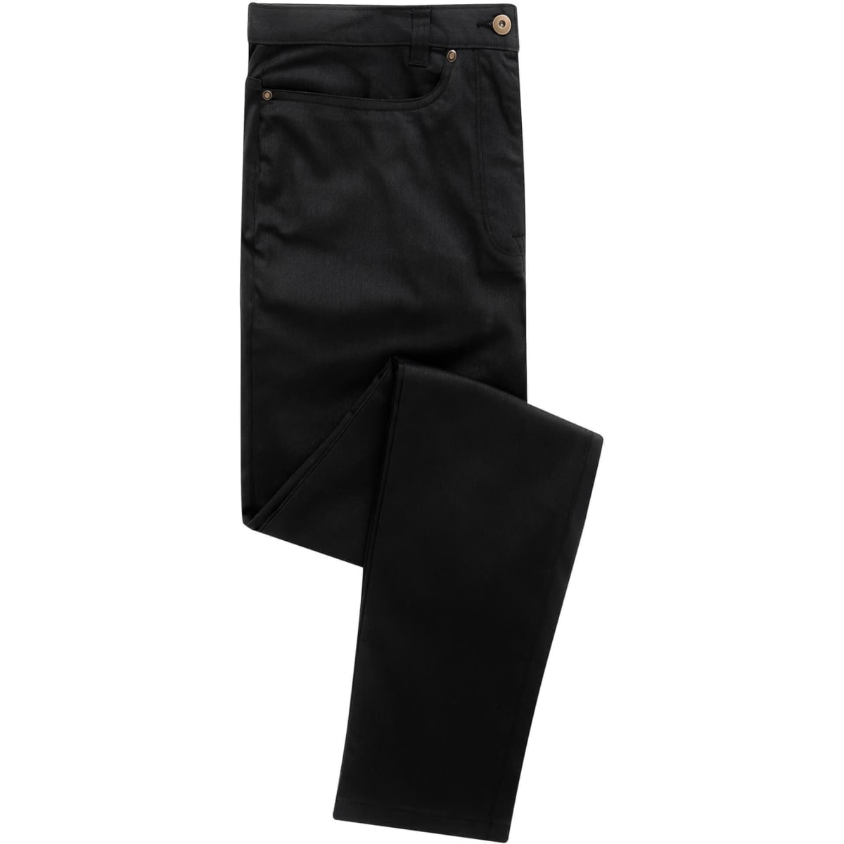 Black chino jeans laid flat, featuring a smooth finish and front pockets. The product includes a logo.