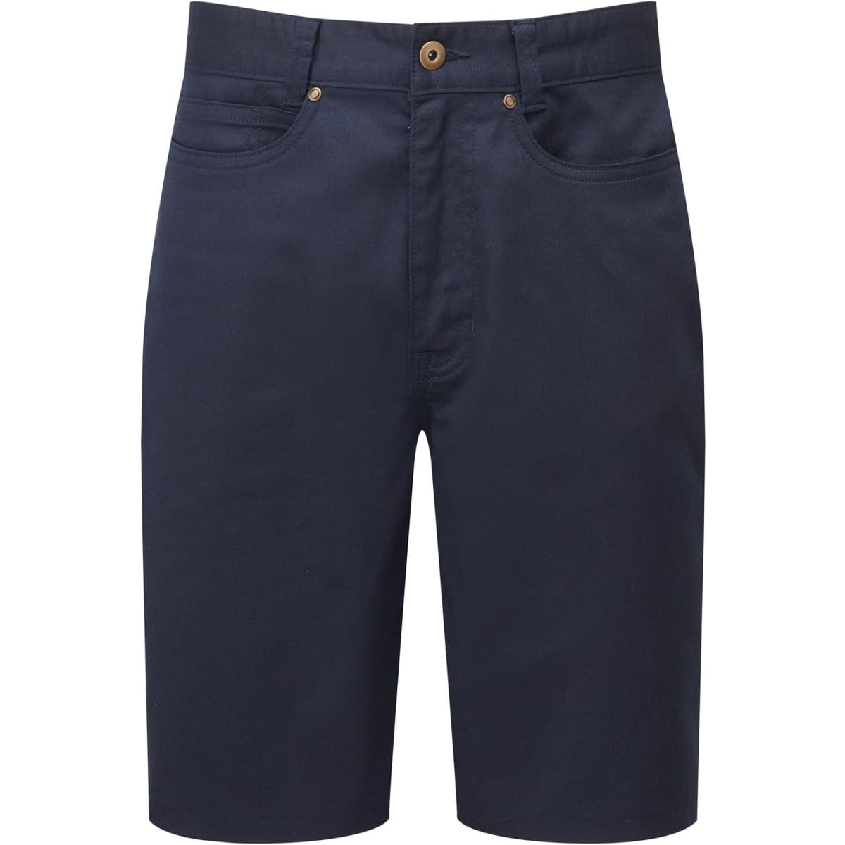 Navy Performance Chino Shorts featuring a front button and pockets, complete with a branding logo.