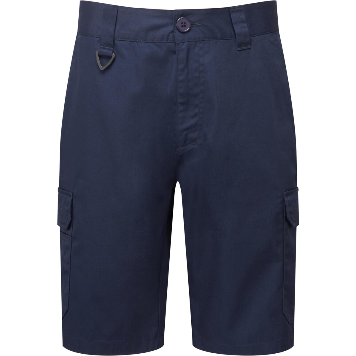 Navy blue cargo shorts featuring side pockets and a belt loop. The shorts have a button closure and a branding logo.