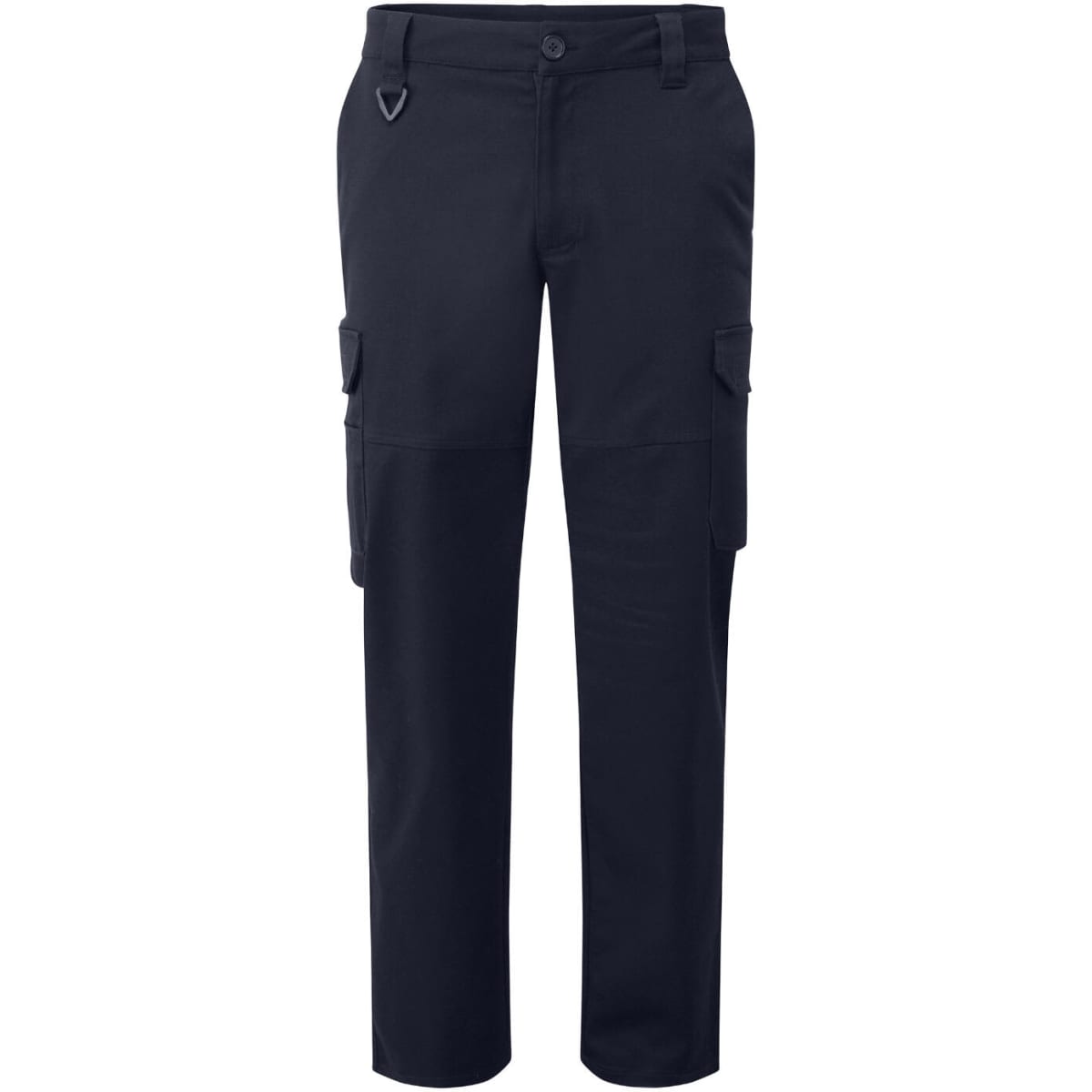 Navy cargo trousers featuring multiple pockets and a logo. Designed for work and utility.