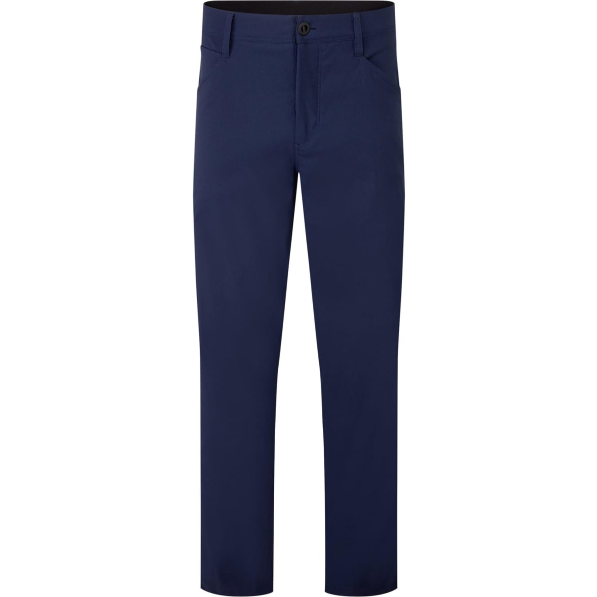 A pair of navy trousers with a button and zip fly, featuring a standard cut and a waistband.