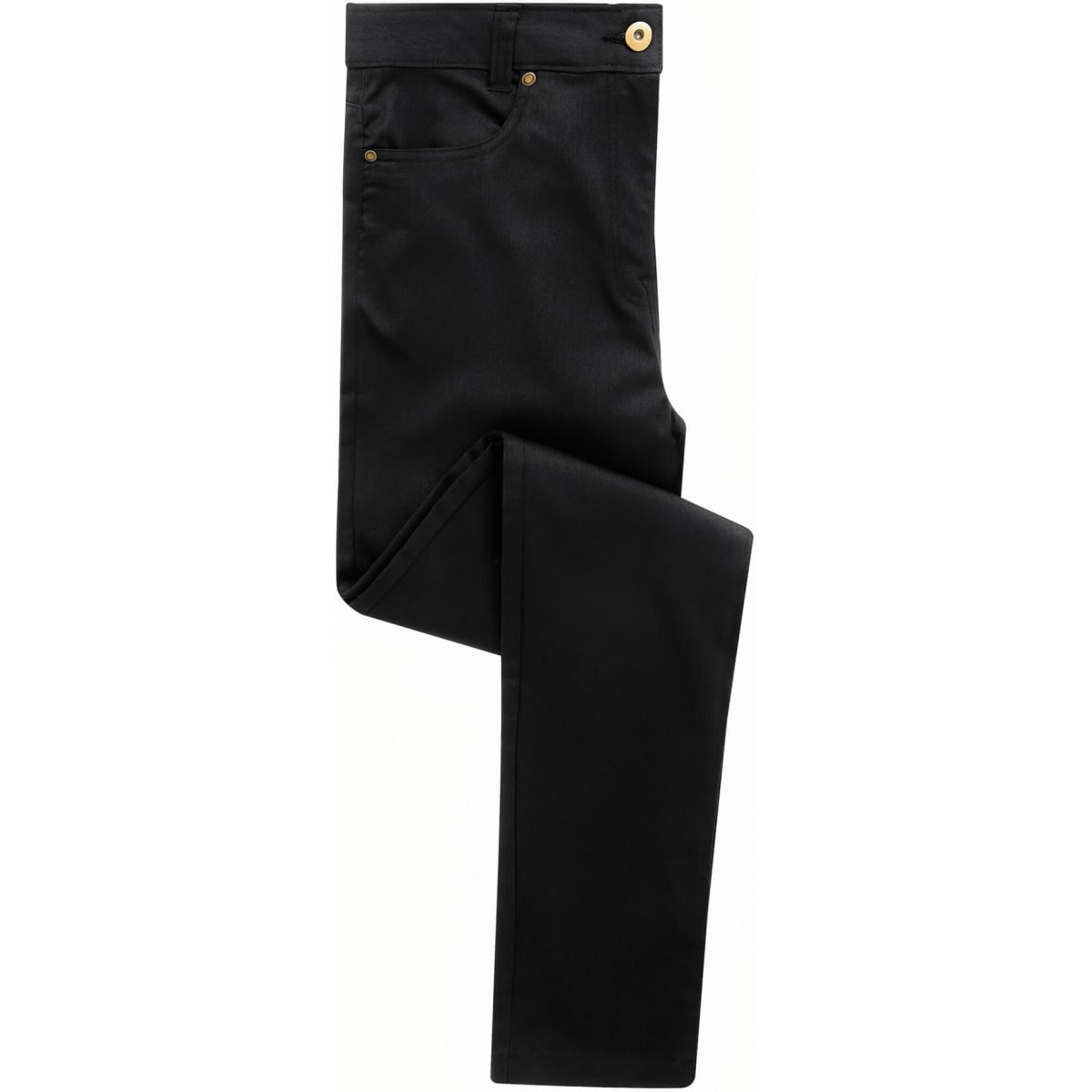 Black women's performance chino jeans with a straight leg design and a button closure. Features subtle branding.