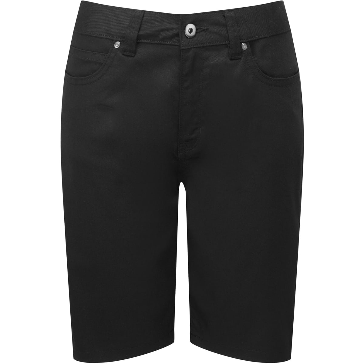 Black women's performance chino shorts with a sleek design, featuring front pockets and a button closure.