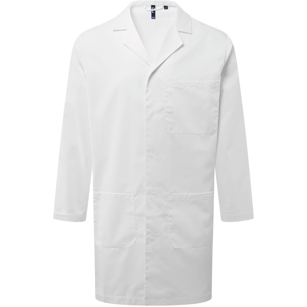 A white work coat featuring three pockets and a collar, designed for lab use. It includes a logo.