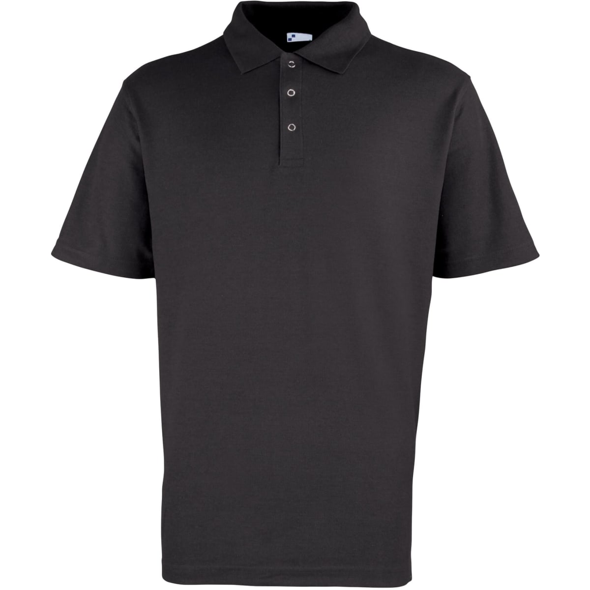 A black polo shirt featuring a classic collar and three button placket, complete with a logo.