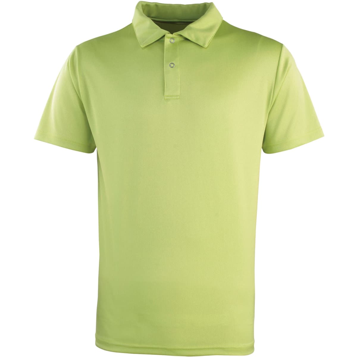 A light green polo shirt with a two-button collar and a logo on the chest.