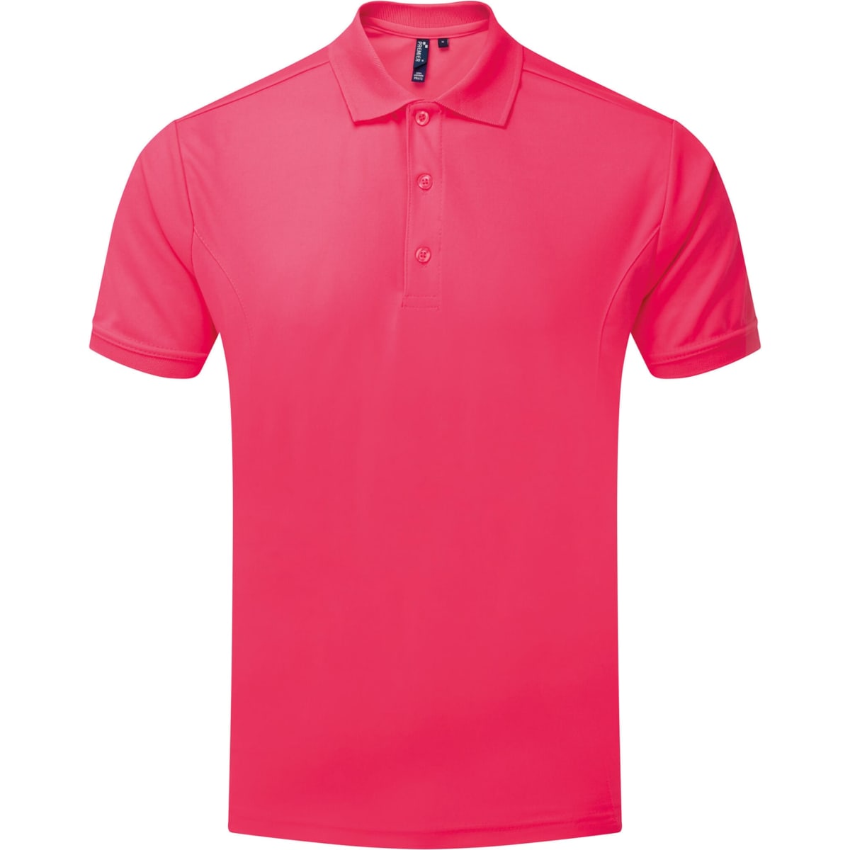 A pink polo shirt with a classic collar and three buttons, featuring a logo.