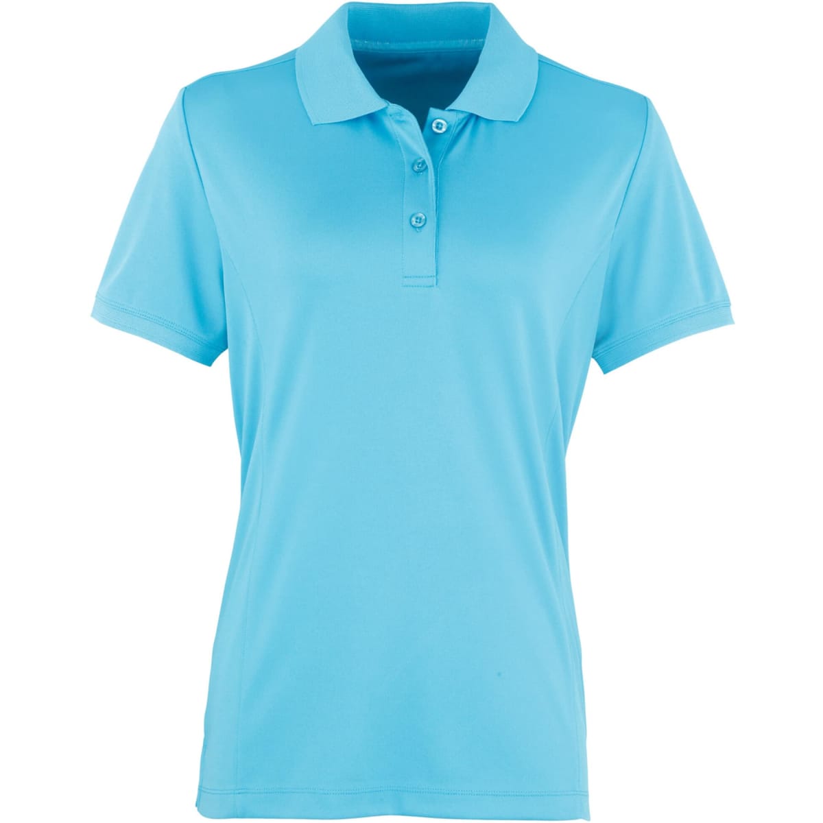 A light blue women's polo shirt featuring a classic collar and three-button placket. The shirt has a logo.