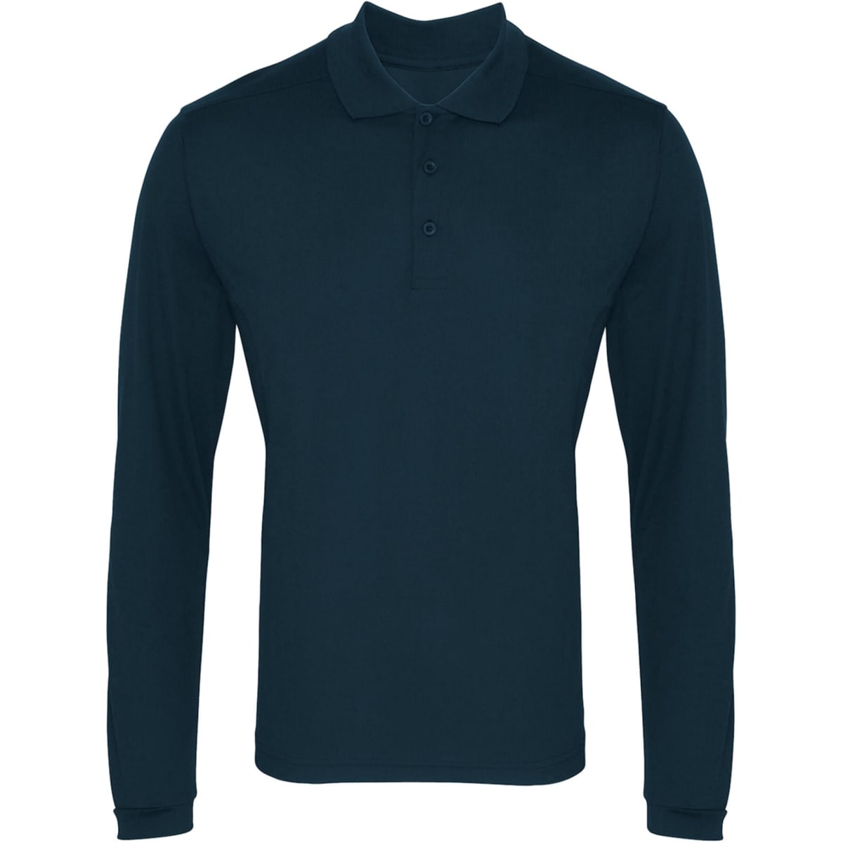 A dark blue long-sleeve polo shirt with a collared neckline and three buttons, featuring a logo.