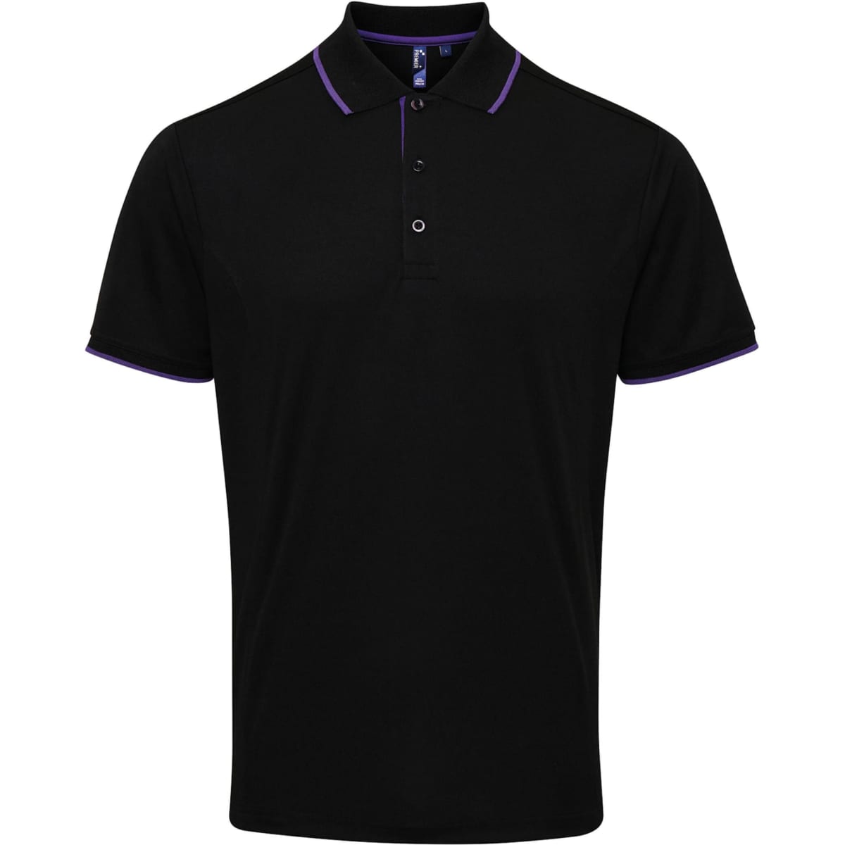 A black polo shirt featuring contrasting purple trim and a collar, with a logo on the chest.