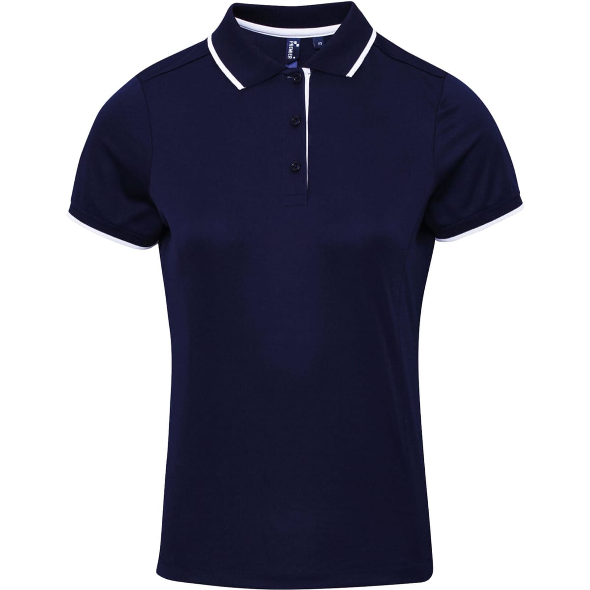 A navy women's polo shirt featuring contrast white trim and buttons, with a logo on the chest.