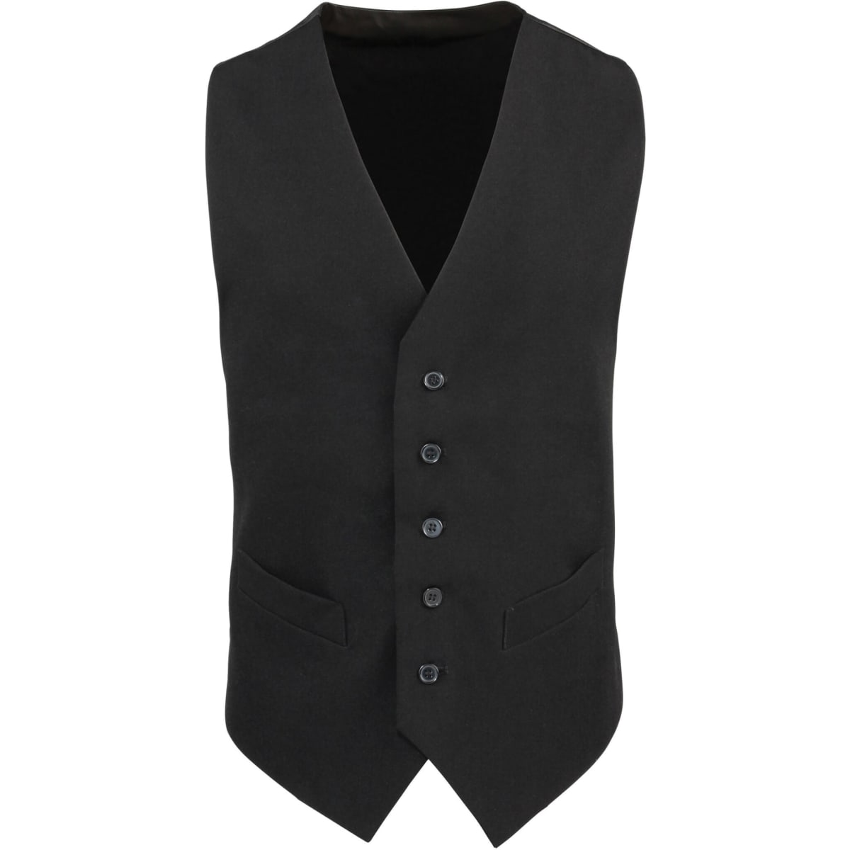 A black lined polyester waistcoat featuring a V-neck, five buttons, and two front pockets.