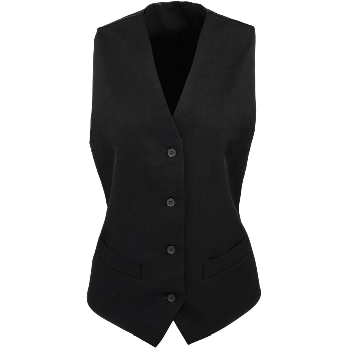 A women's lined polyester waistcoat in black, featuring a button front and two pockets. Includes a logo.