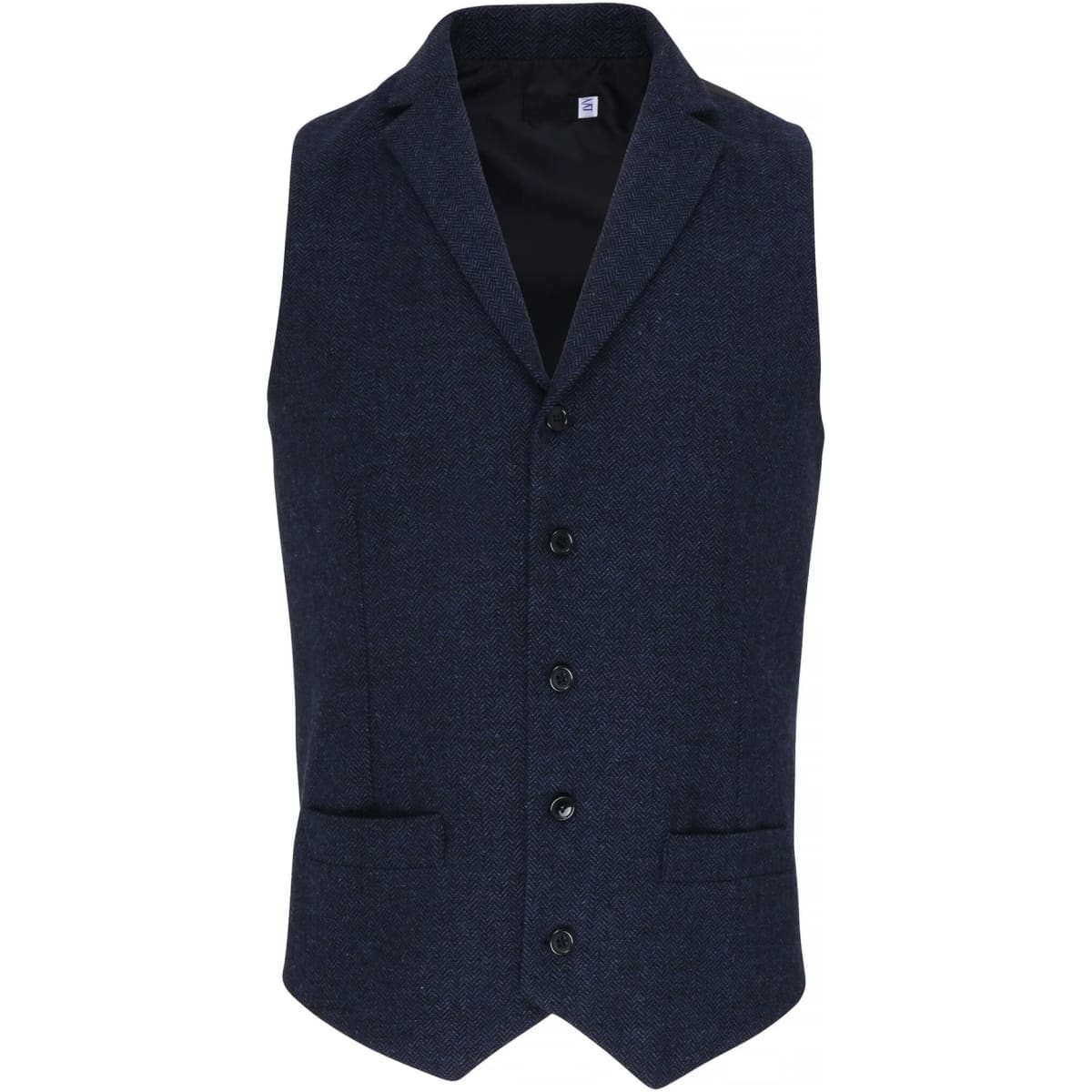 A navy herringbone waistcoat featuring a five-button front and side pockets, designed for formal wear.