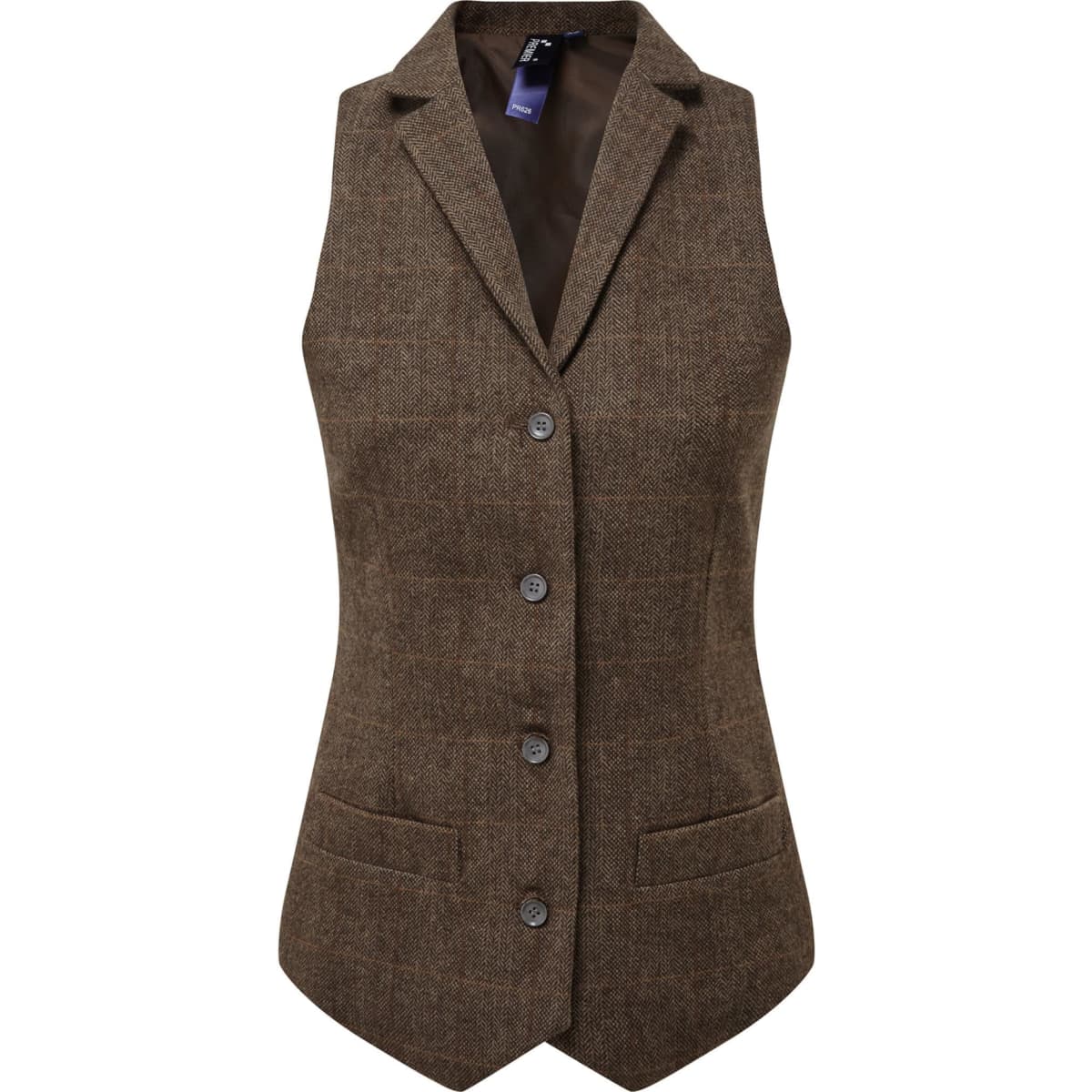 A herringbone waistcoat in brown with a fitted design, featuring a notch collar and front buttons. It has side pockets.
