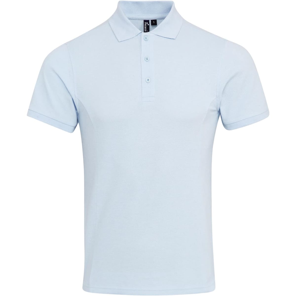 A light blue polo shirt featuring a collar and three buttons, with a logo on the chest area.