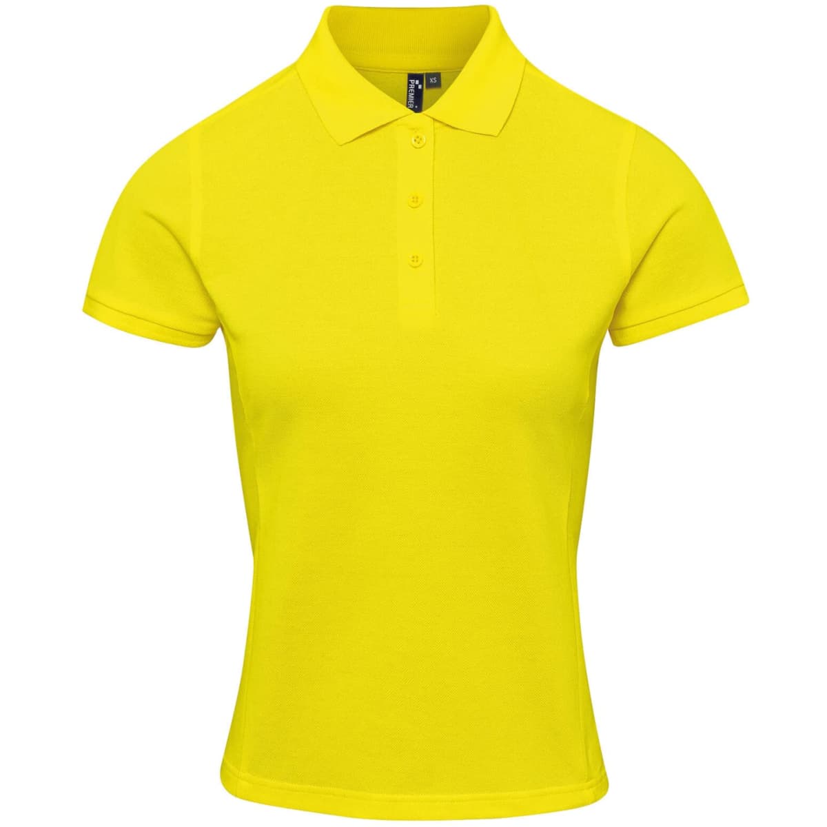 A bright yellow women's polo shirt with a classic collar and short sleeves, featuring a logo on the front.