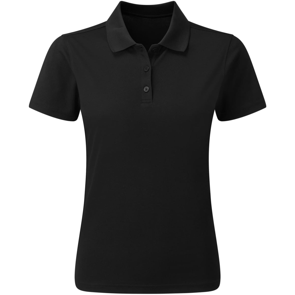 A black women's polo shirt made from recycled spun dyed fabric, featuring a collar and button placket.