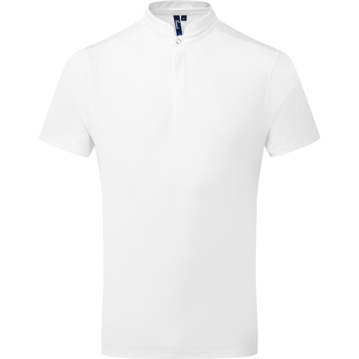A white short-sleeved shirt with a high collar, featuring a button placket and a logo on the chest.