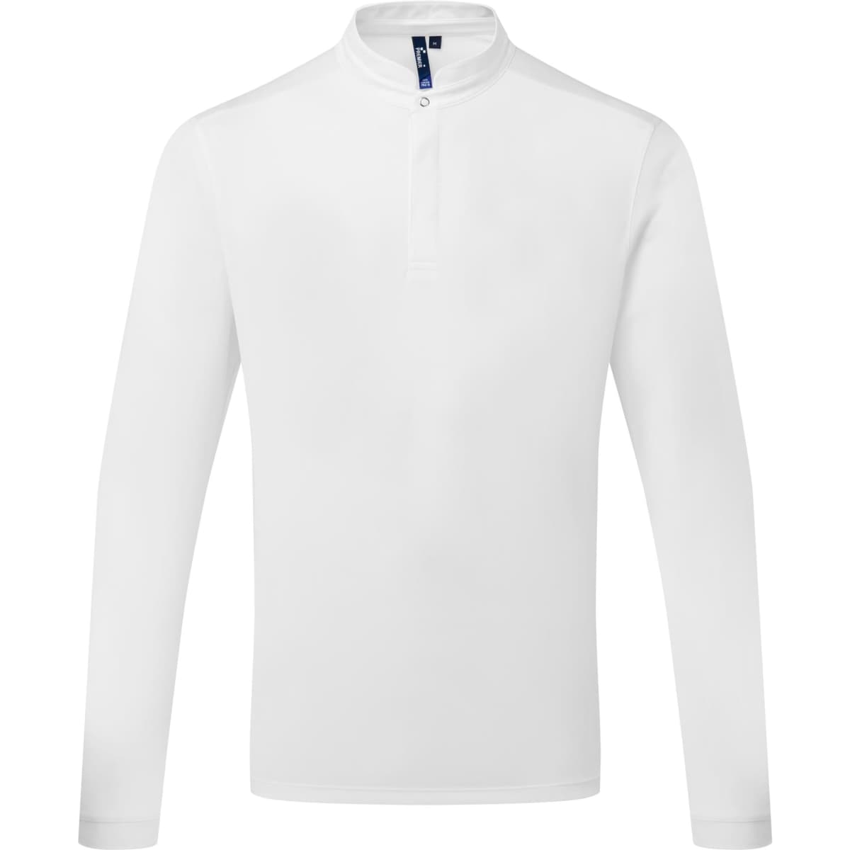 A long-sleeved white shirt with a high collar and a button placket, featuring a logo on the neckline.