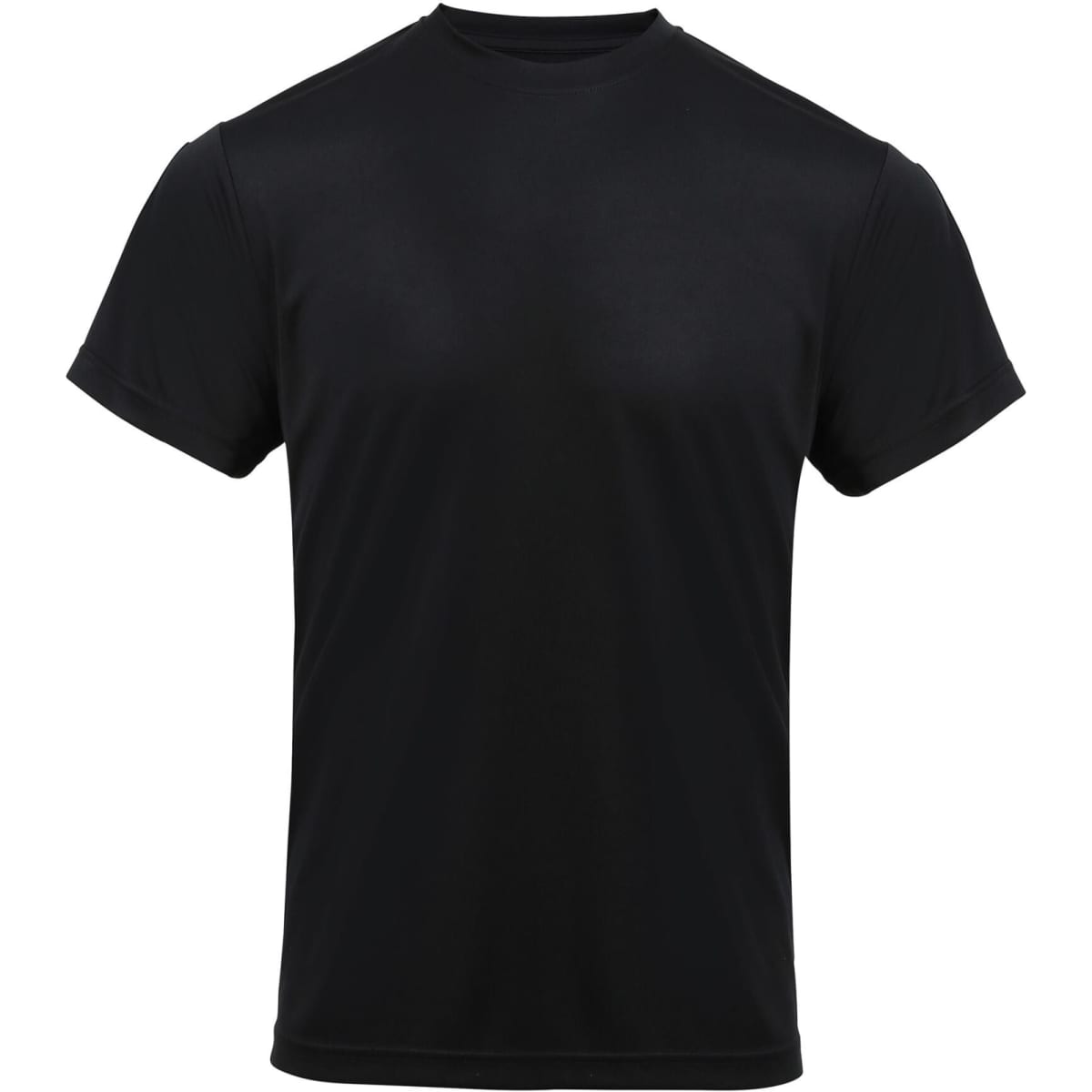 A black short-sleeved T-shirt made from lightweight fabric, featuring a logo. Suitable for chefwear.