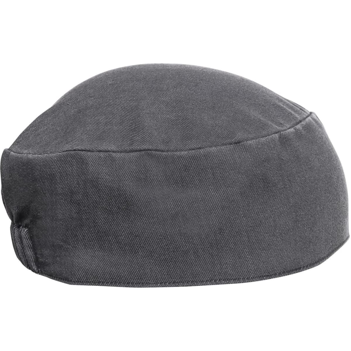 A grey chef's skull cap with a rounded shape and fabric texture, featuring a logo on the side.