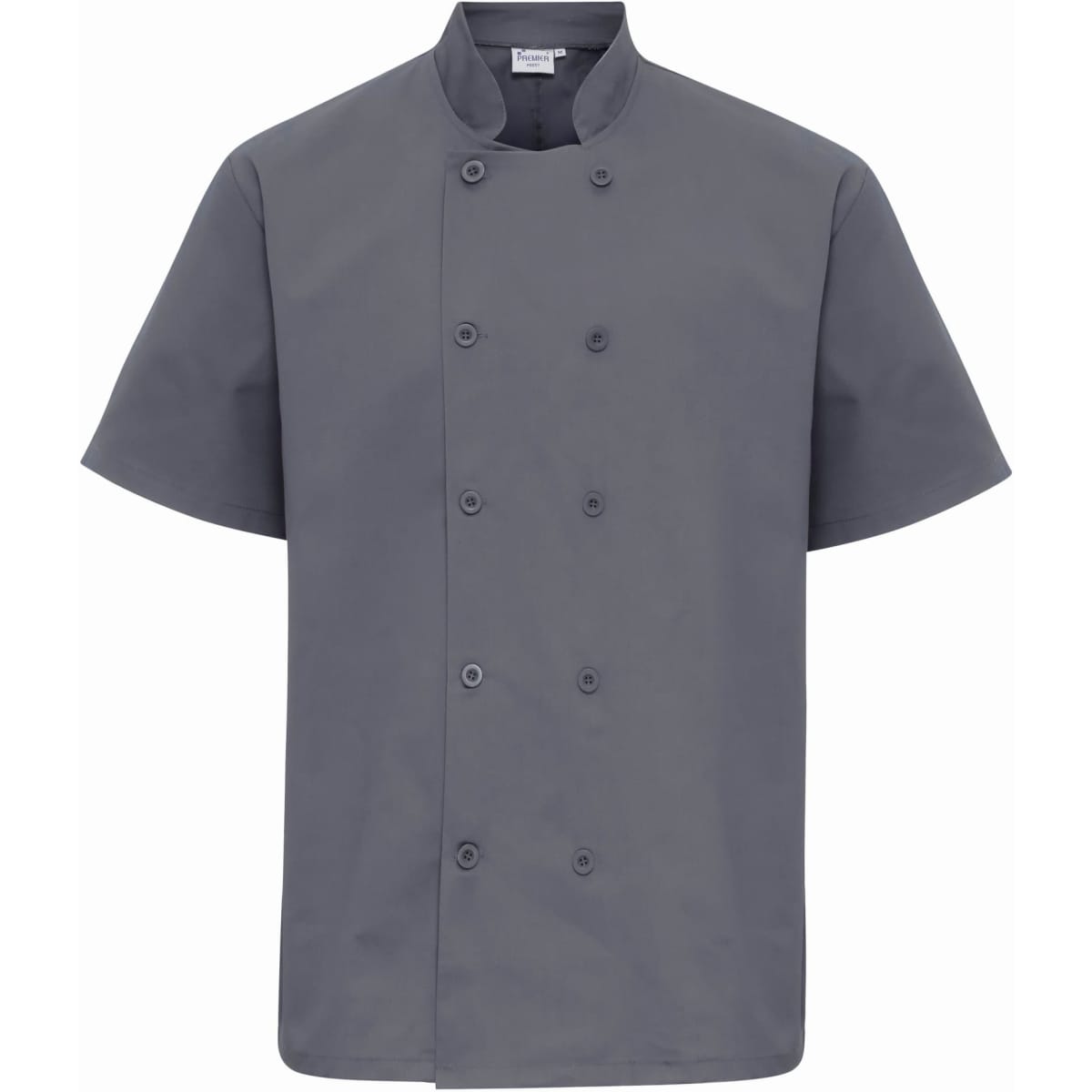 A grey chef's jacket with short sleeves and double-breasted buttons. Features a logo on the chest.