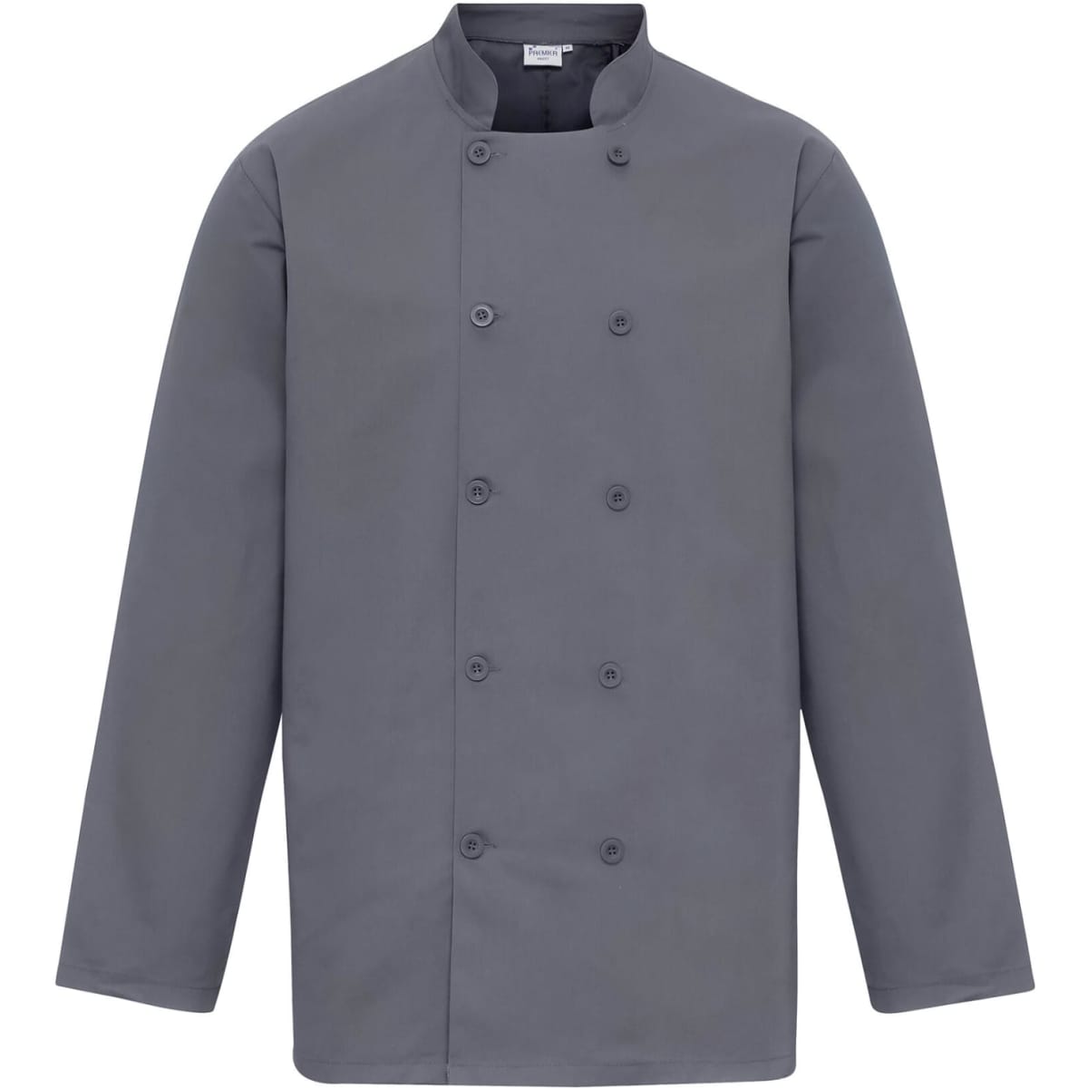 A grey chef's jacket with a double-breasted design and long sleeves, featuring a logo on the chest.