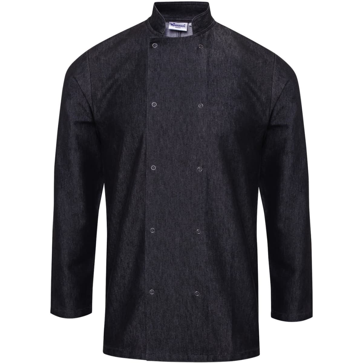 A black denim chef's jacket with long sleeves and a double-breasted front, featuring a collar and a logo.
