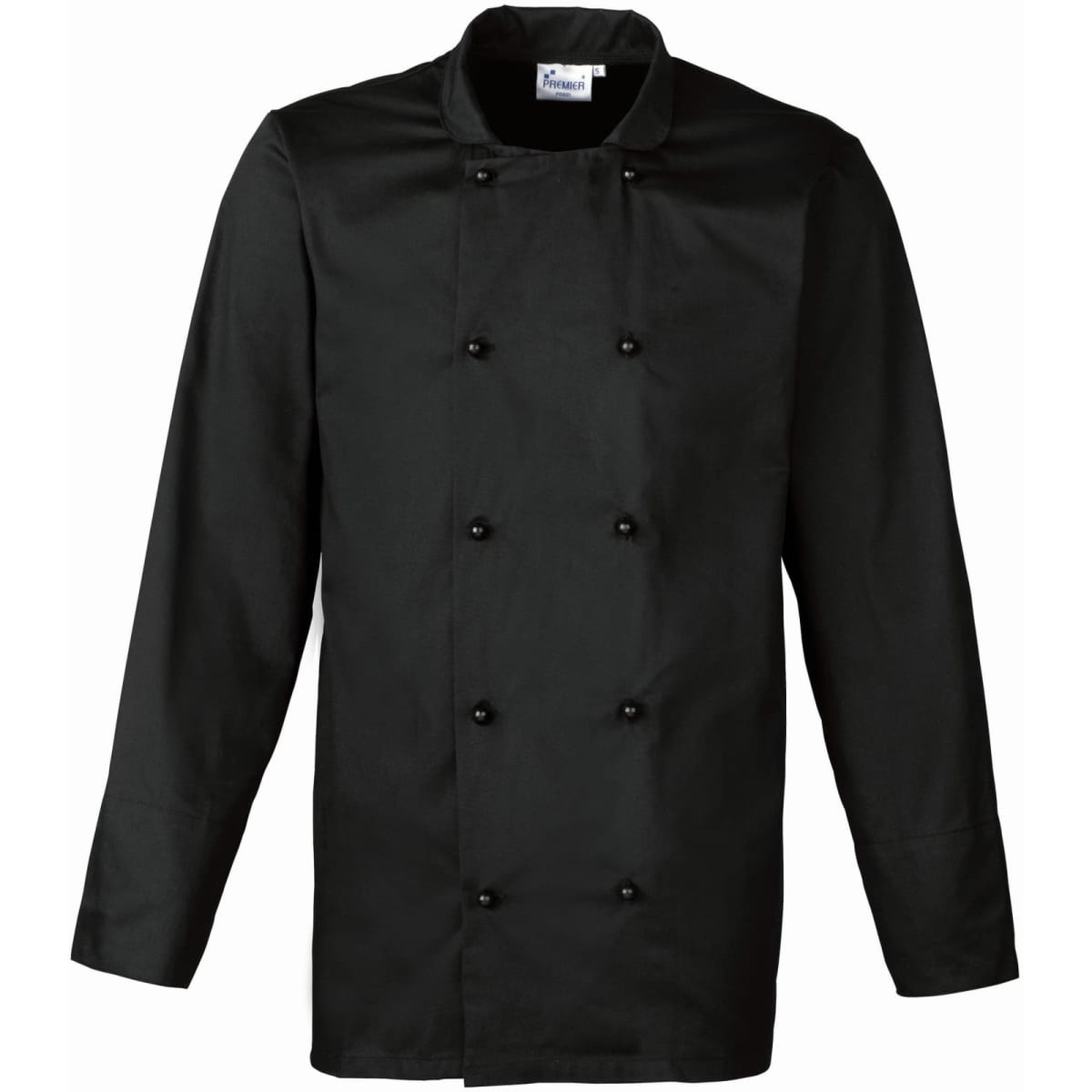 A black chef's jacket with a double-breasted design and long sleeves, featuring buttons and a logo.
