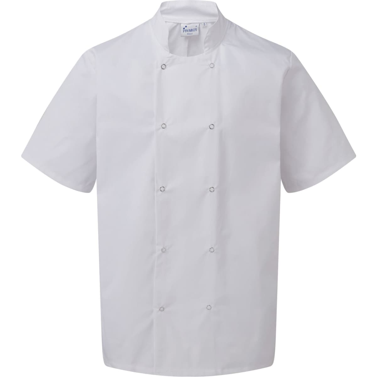 A white short-sleeved chef's jacket with studded front fastening and a plain design. Features a logo on the label.